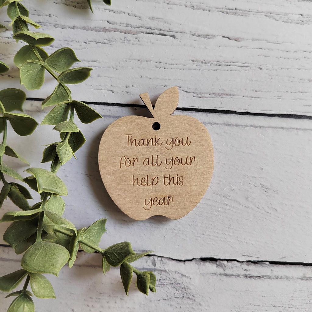 Wooden Apple engraved with Thank you for all your help this year